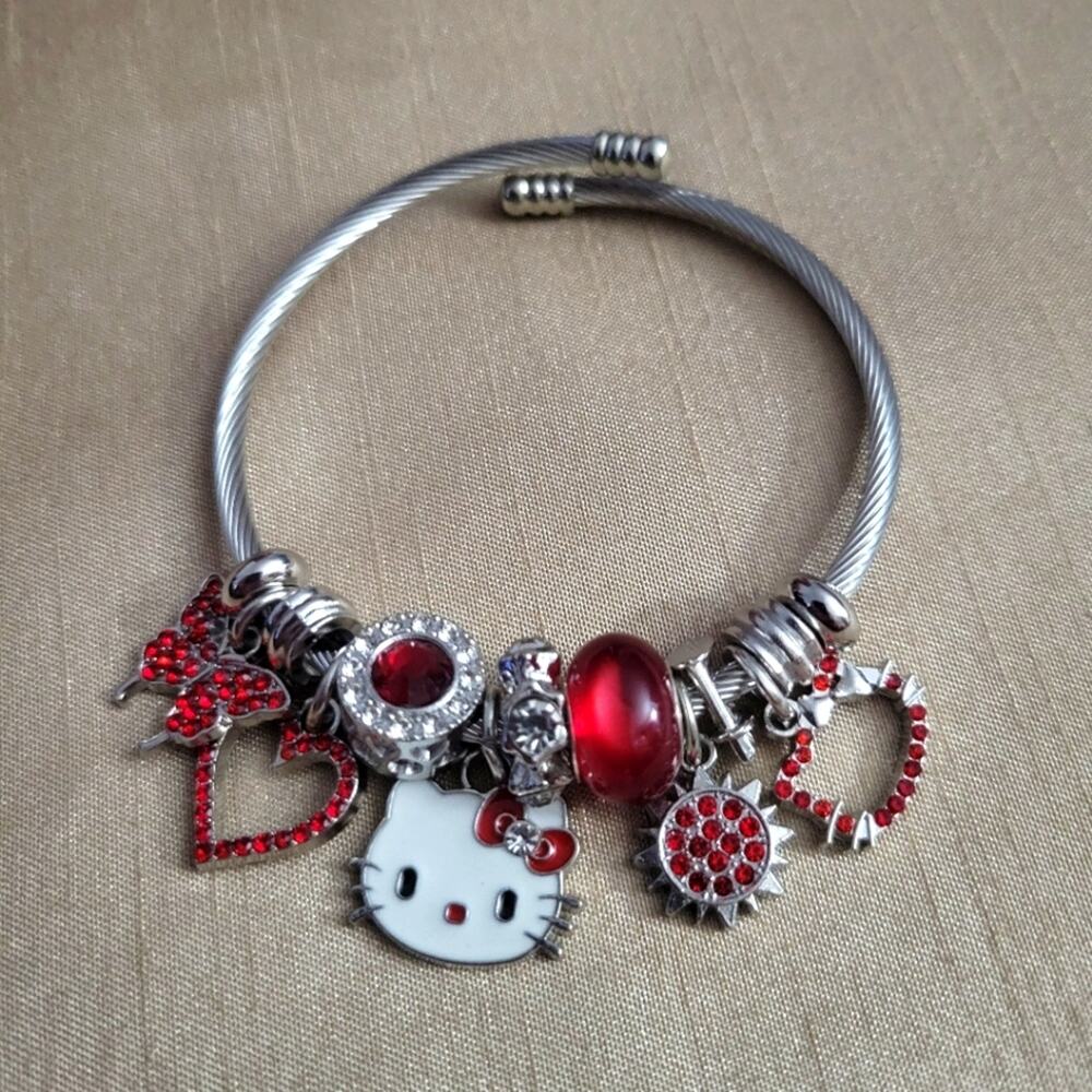 Sanrio Hello Kitty red and silver pandora style charm bangle bracelet